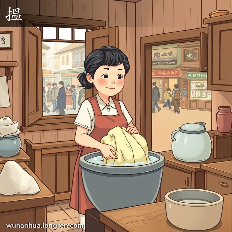 一位中年妇女在厨房里将衣服放入盆中浸泡，背景是武汉老街景