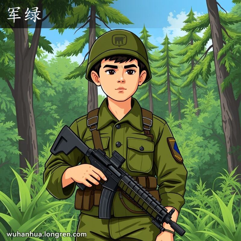 一位穿军绿色制服的士兵站在茂密的森林中，手持步枪，神情坚定，背景是茂密的植被和高大的树木