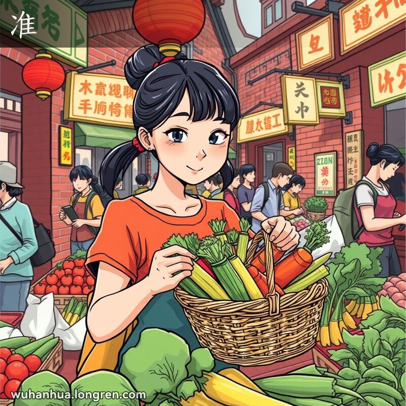 一位年轻女子在武汉市场精心挑选蔬菜，背景是热闹的市场景象