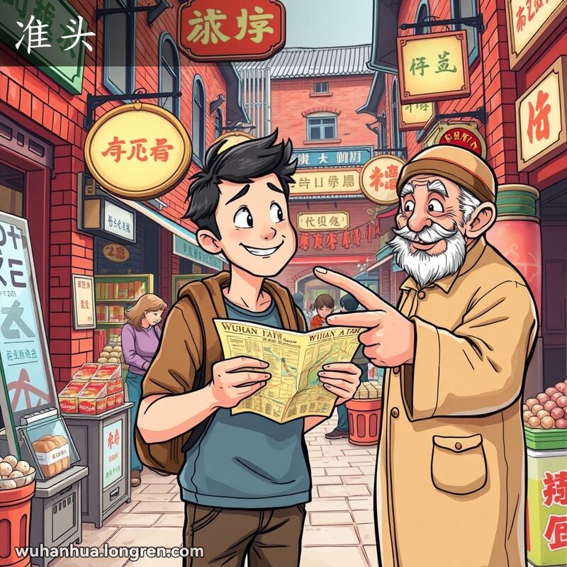 一位年轻人在武汉街头市场中手持地图显得迷茫，老街头摊贩自信地指向正确的方向，背景是热闹的武汉老街景