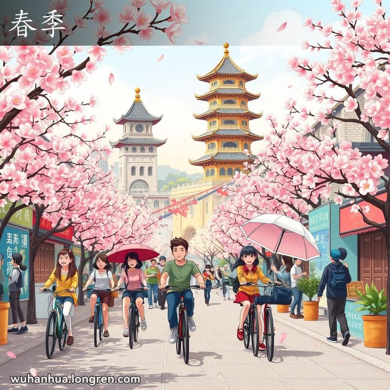 武汉春季街景，樱花盛开，市民骑车漫步，黄鹤楼和长江大桥在背景中。