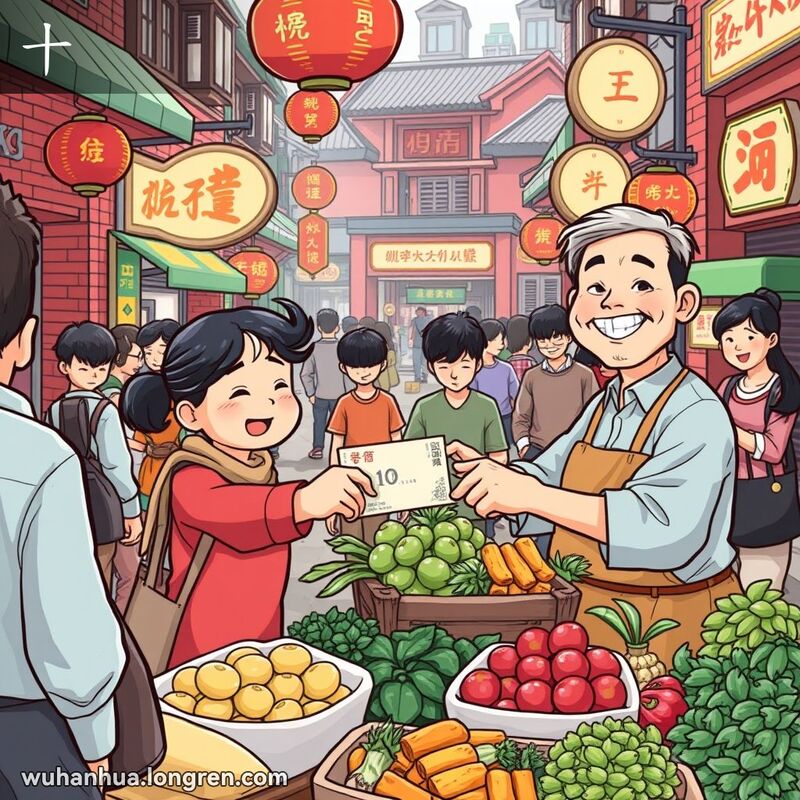 武汉市场热闹场景，市民递给摊贩十元纸币，摊贩竖起十个手指，背景是武汉老街景