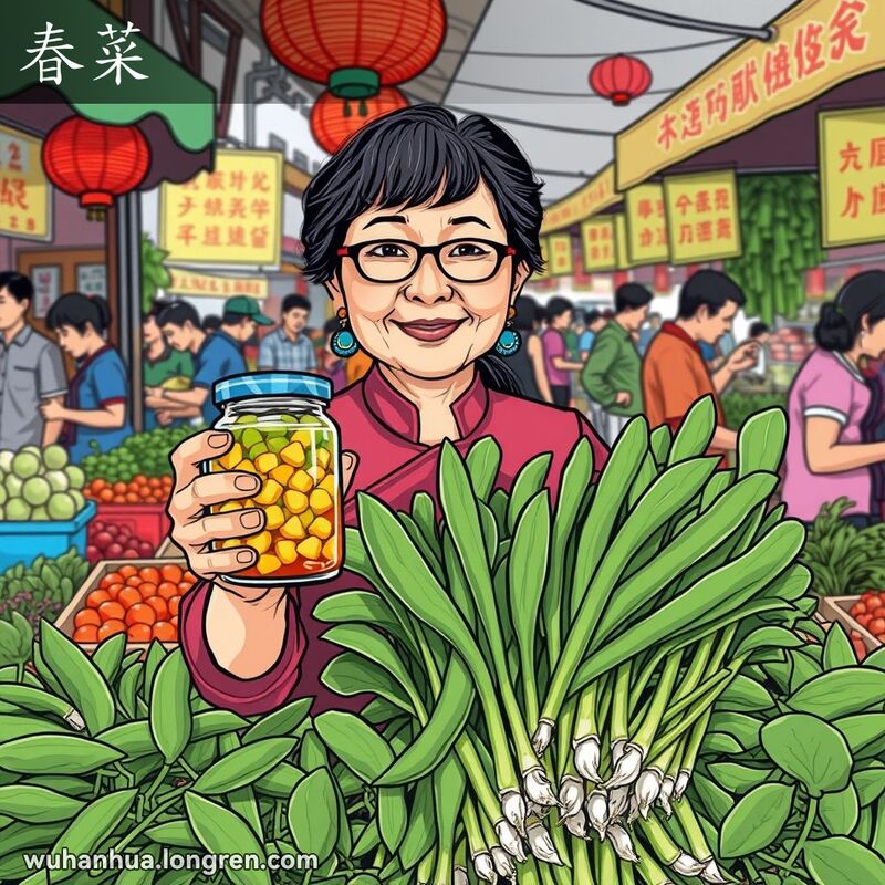 武汉市场上，一位妇女展示腌制的春菜，背景是热闹的市场和其他摊贩。