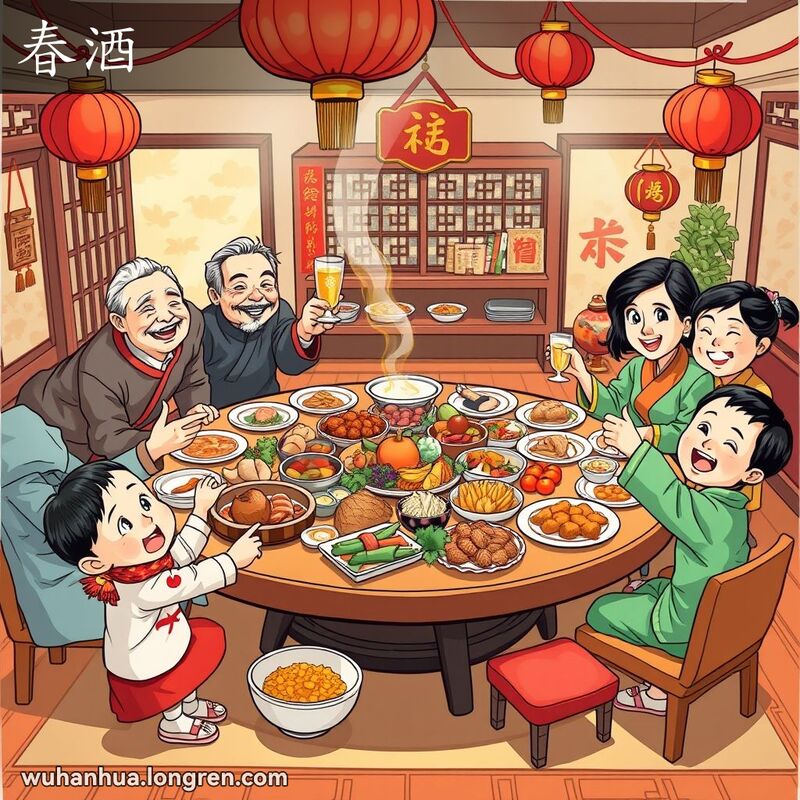武汉家庭在春节期间举办春酒宴会，一家人围坐在丰盛的餐桌旁，背景有红灯笼和传统装饰。