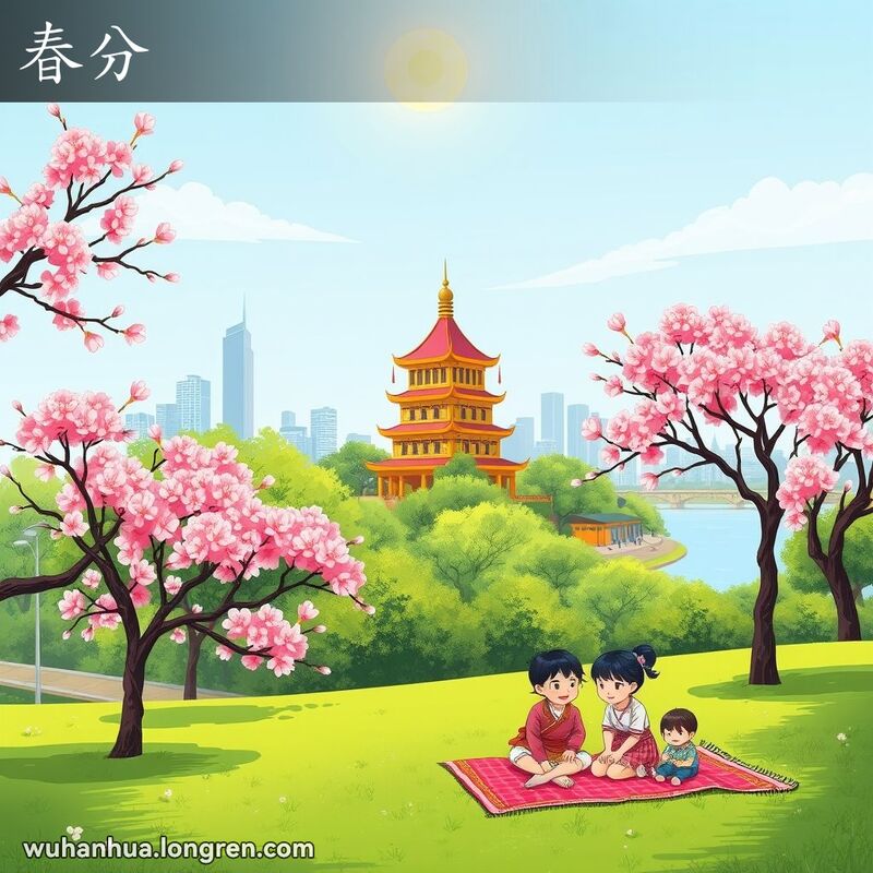 武汉春分时节的公园景象，樱花盛开，家庭野餐，背景是黄鹤楼和长江，天空晴朗，太阳高悬。