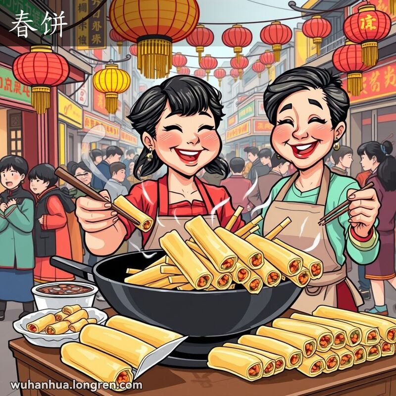 武汉春节街头，中年妇女在摊位前炸春饼，背景是挂满彩灯的街道和庆祝节日的人们