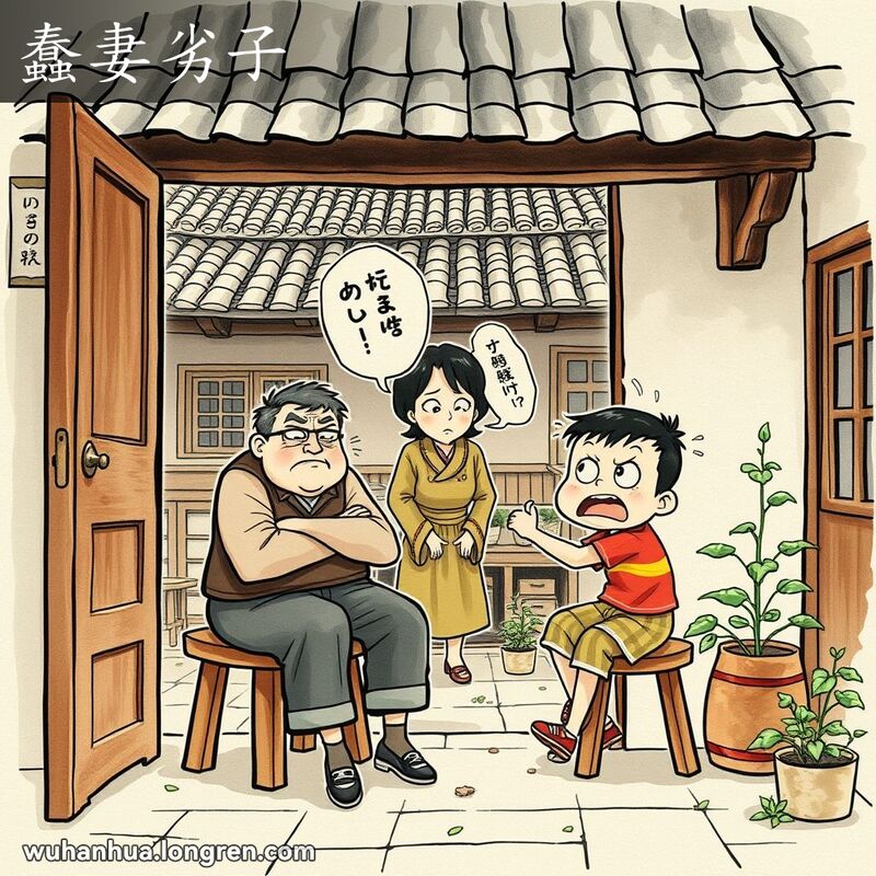 一个传统的武汉庭院，中年男子坐在木凳上，显得疲惫和沮丧，背景中妇女与调皮孩子争吵，妇女表情严厉，孩子叛逆，背景是老武汉建筑。