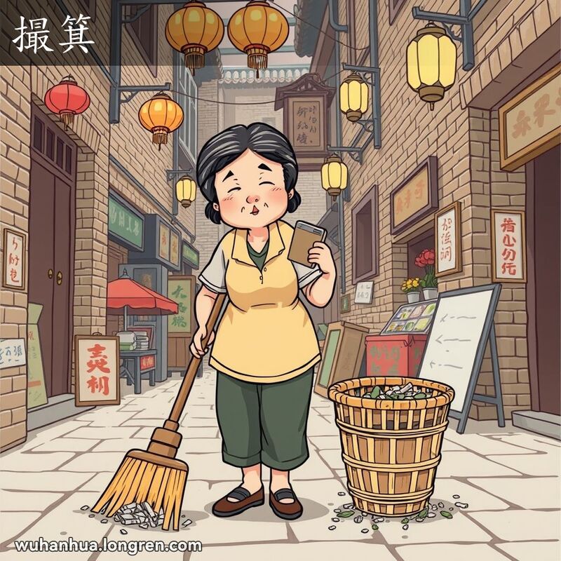 一位中年妇女在武汉老街上用扫帚清扫地面，旁边放着一个用来装垃圾的竹编小簸箕，背景是武汉老街景