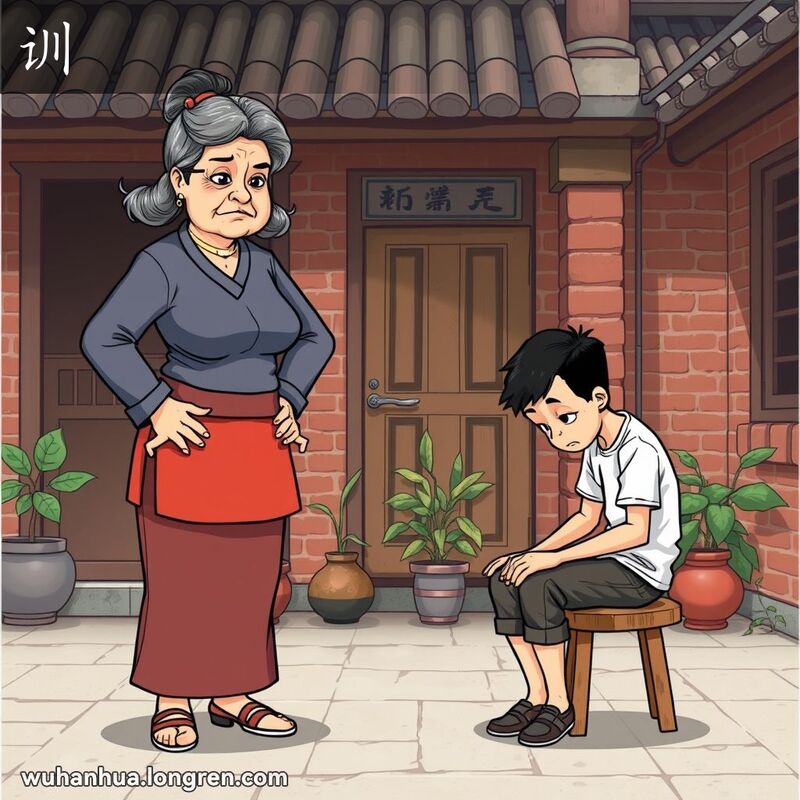 一位中年妇女在武汉传统院落中严厉责备年轻人，背景有红砖墙和绿植