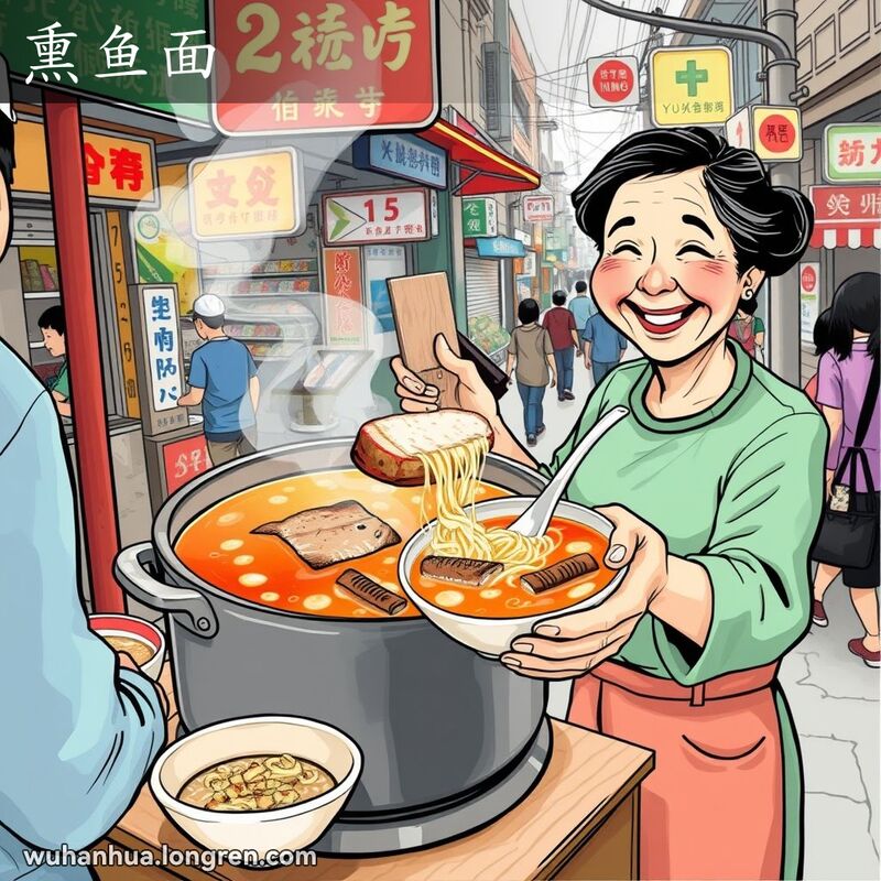 武汉街头小吃摊，摊主正在舀熏鱼汤倒入面条碗中，背景有其他摊贩和行人