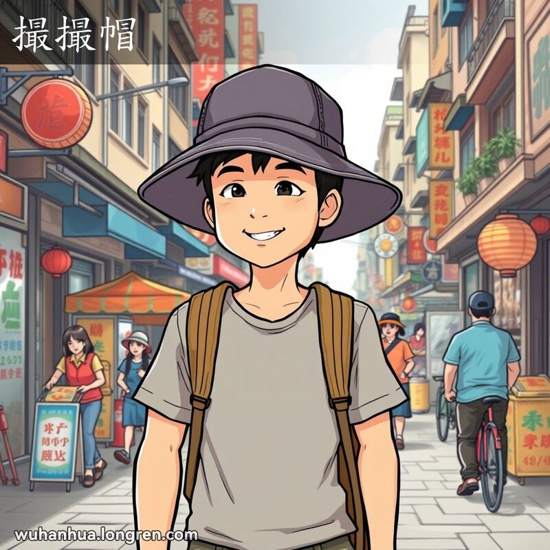 一位武汉年轻人戴着大帽檐的帽子走在街上，背景是武汉的传统街景