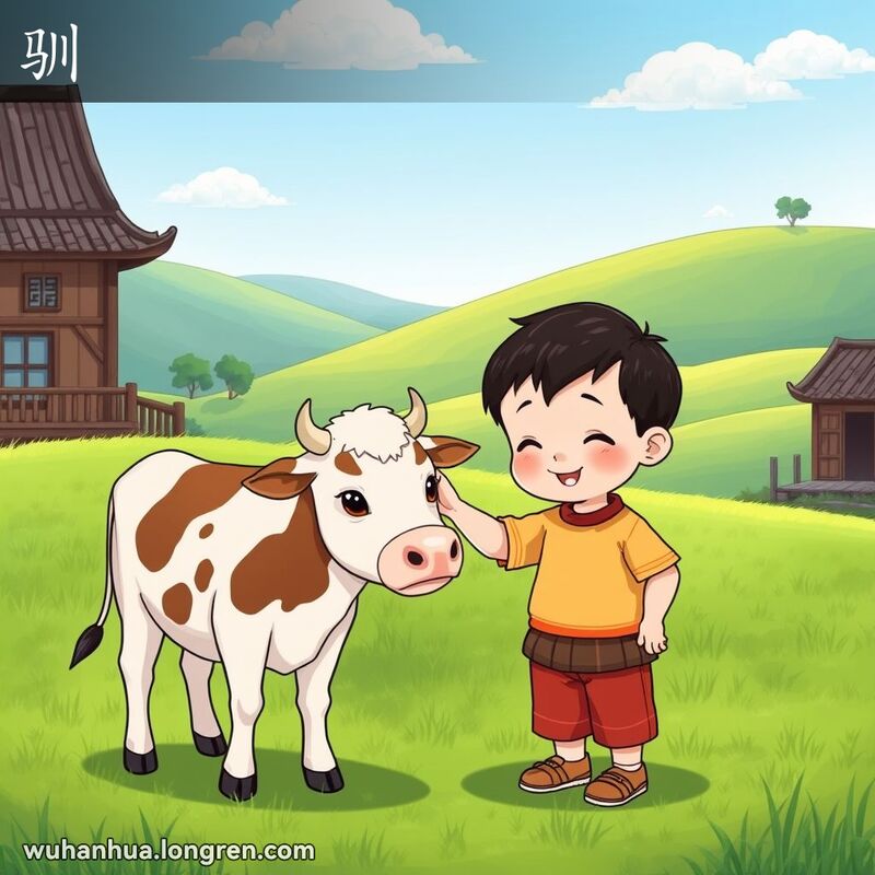一个小孩在乡村田野中温柔地抚摸着一头温顺的牛，背景是传统木屋和绿色田野。