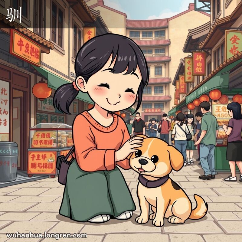 小女孩在武汉街道上抚摸一只乖巧的小狗，背景是热闹的市场和老式建筑