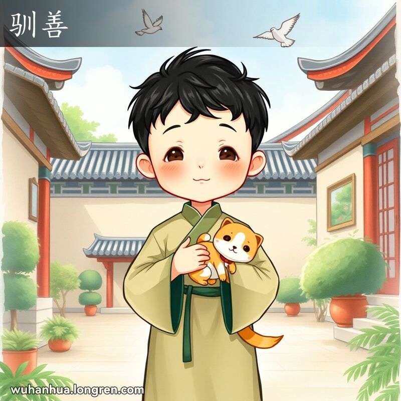 一位温顺老实的男孩站在宁静的庭院中，手持小宠物，背景是传统中国建筑和植被。