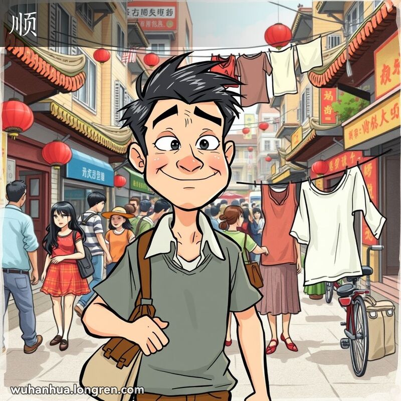 一位男子在武汉街头，手持小包，狡黠地准备从晾衣绳上顺手拿走衣服，背景是繁忙的街道和晾晒衣物的女士。