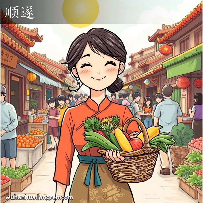 一位年轻的武汉女子在市场中漫步，脸带微笑，手提装满蔬果的篮子，背景是武汉街景