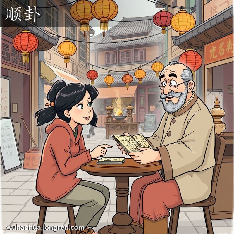 一位中年妇女在武汉老街市场中与占卜师交谈，背景有灯笼和香炉，表现“顺卦”的场景