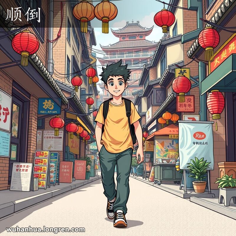 一位年轻人沿着武汉繁忙街道行走，背景有老砖墙、红灯笼和本地街道标志