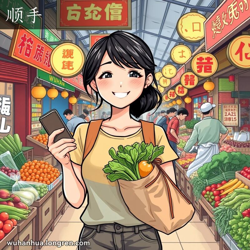一位年轻女性在武汉市场中手持蔬菜和钱包，脸上带着满意的笑容，表现出做事顺利的状态。