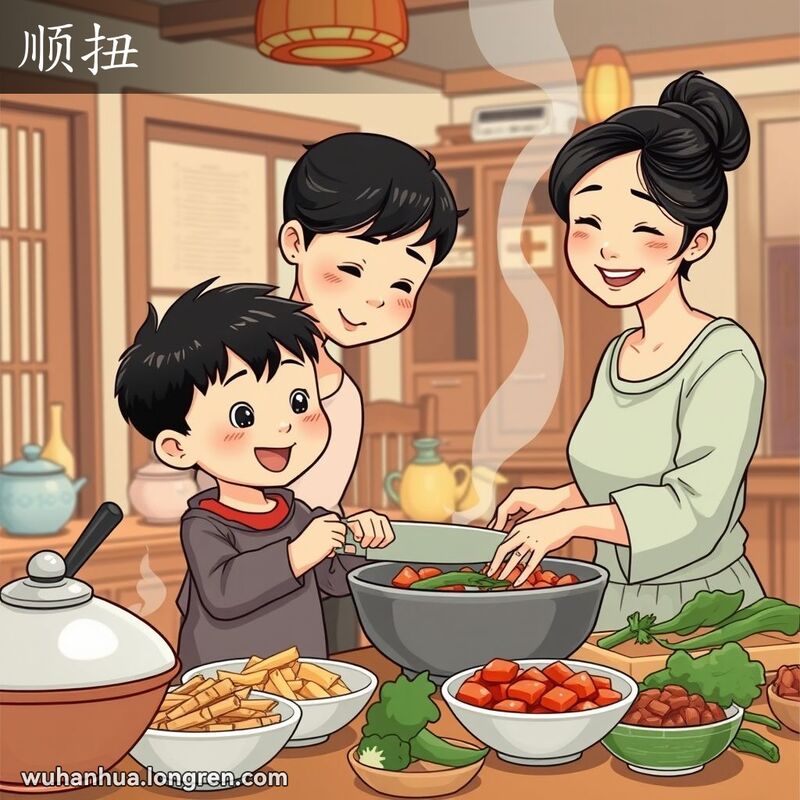一位武汉小男孩在厨房里帮助母亲做饭，露出顺从的表情，背景是温馨的武汉传统家庭厨房
