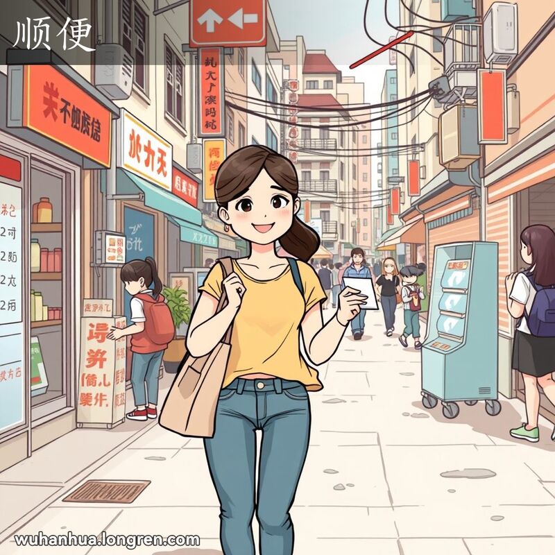 一位年轻女子在武汉街头购物后，顺便从朋友手中接过一个小信封，背景是热闹的武汉街景