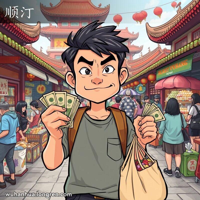 一位武汉市民在市场中手持现金和货物，露出狡黠的“顺汀”表情，背景是热闹的市场景象