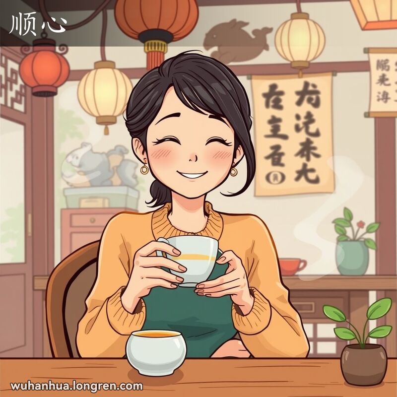 一位武汉女子在茶馆中手捧茶杯，脸上带着满足的微笑，背景是传统中国装饰
