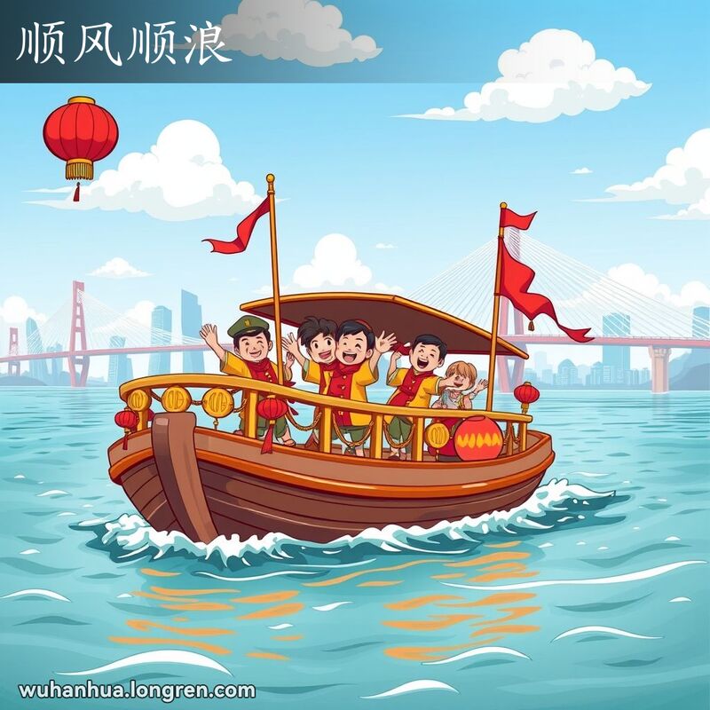一艘装饰着彩灯和旗帜的武汉河船在长江上顺风顺水地航行，船上的水手们笑容满面、挥手致意，背景是武汉长江大桥和城市天际线