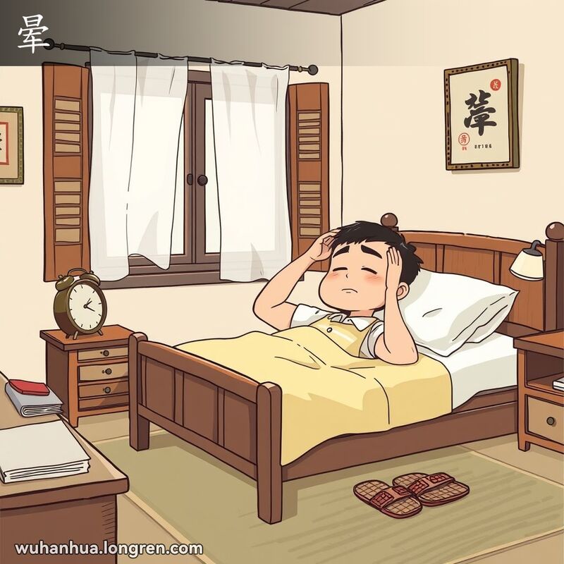 一个人在床上刚醒来，看起来头晕目眩，手扶着额头，背景是温馨的中式卧室。