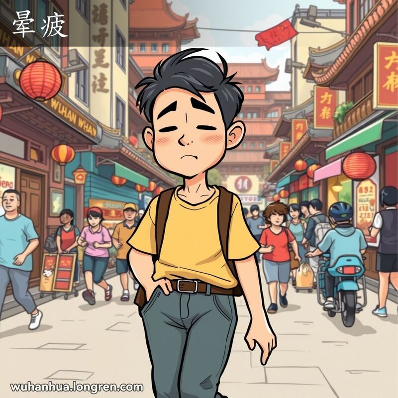 一位武汉男子在繁忙的街道上缓慢行走，姿态放松，眼神慵懒，体现“晕疲”的状态，背景是热闹的武汉街景
