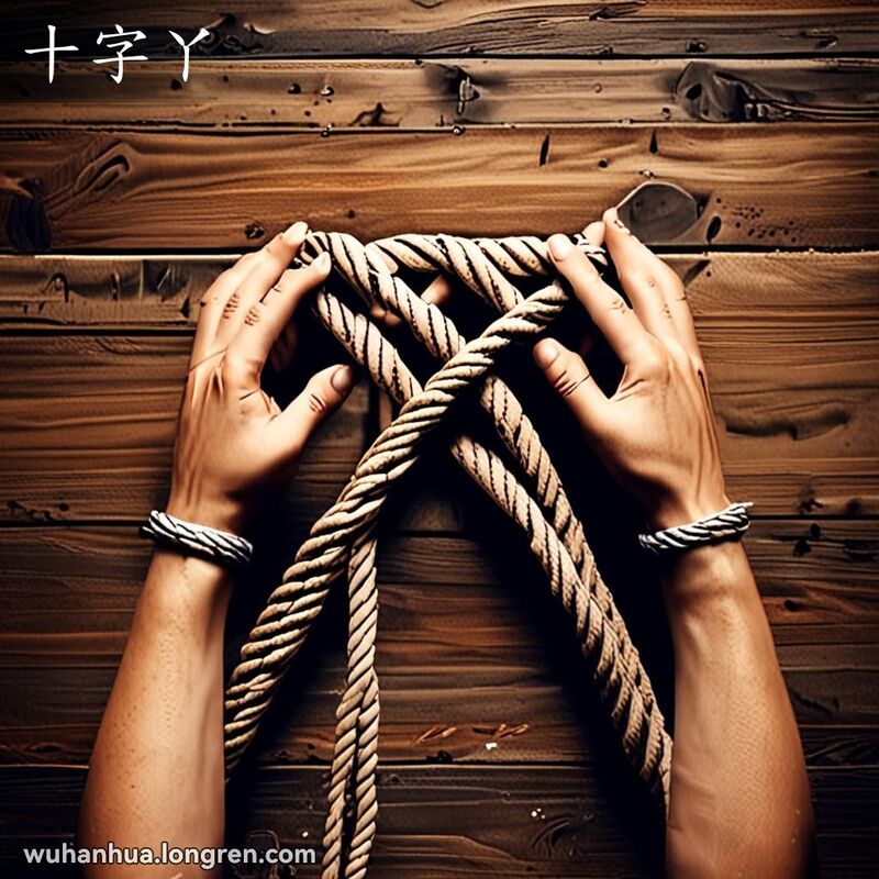 一双手用绳子打结成十字交叉的形状，背景是古朴的木桌