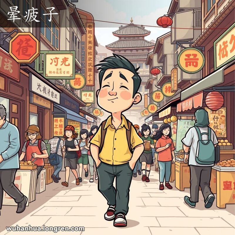 一位武汉男子在繁忙的街道上悠闲漫步，周围的人们都在匆忙行走，背景是武汉老街景