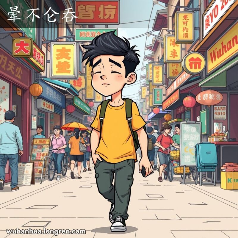 一位年轻的武汉男子在繁忙的街道上缓慢行走，表情放松且略显迷茫，背景是武汉街景