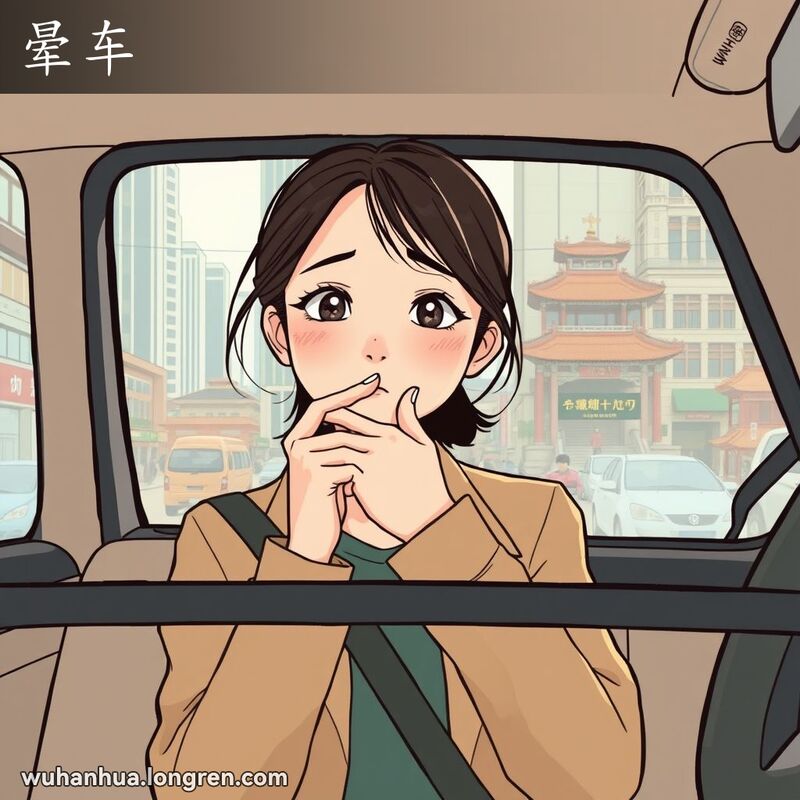 一位年轻女性坐在行驶中的汽车后座上，望着窗外的武汉街景，脸色苍白，手捂着嘴巴，表情显得恶心难受，生动地表现了武汉方言“晕车”的含义，背景是繁忙的武汉街道，车内装饰和女性的服装结合了现代与复古元素。