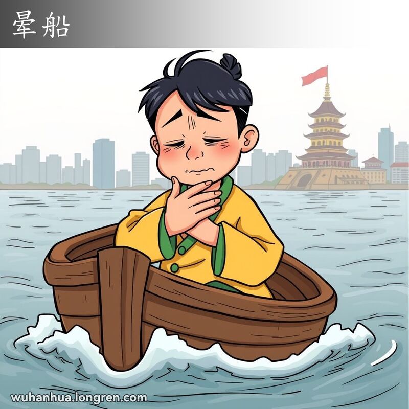 一位武汉市民在船上感到恶心，背景是黄鹤楼和波浪。