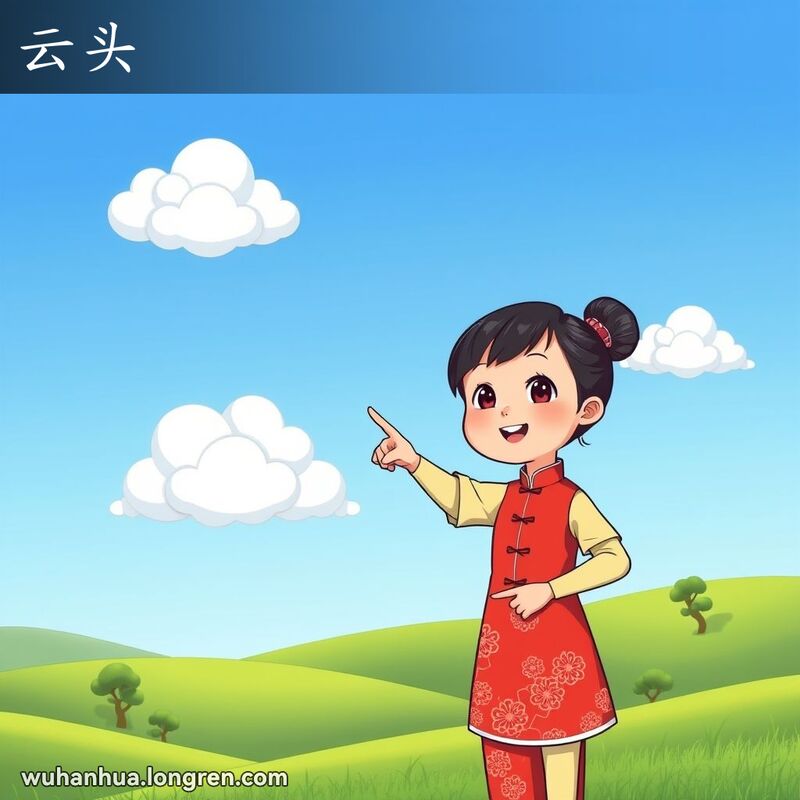 晴朗的蓝天中飘浮着几朵形状独特的白云，前景中一位小女孩指着云朵，背景是宁静的田园风光