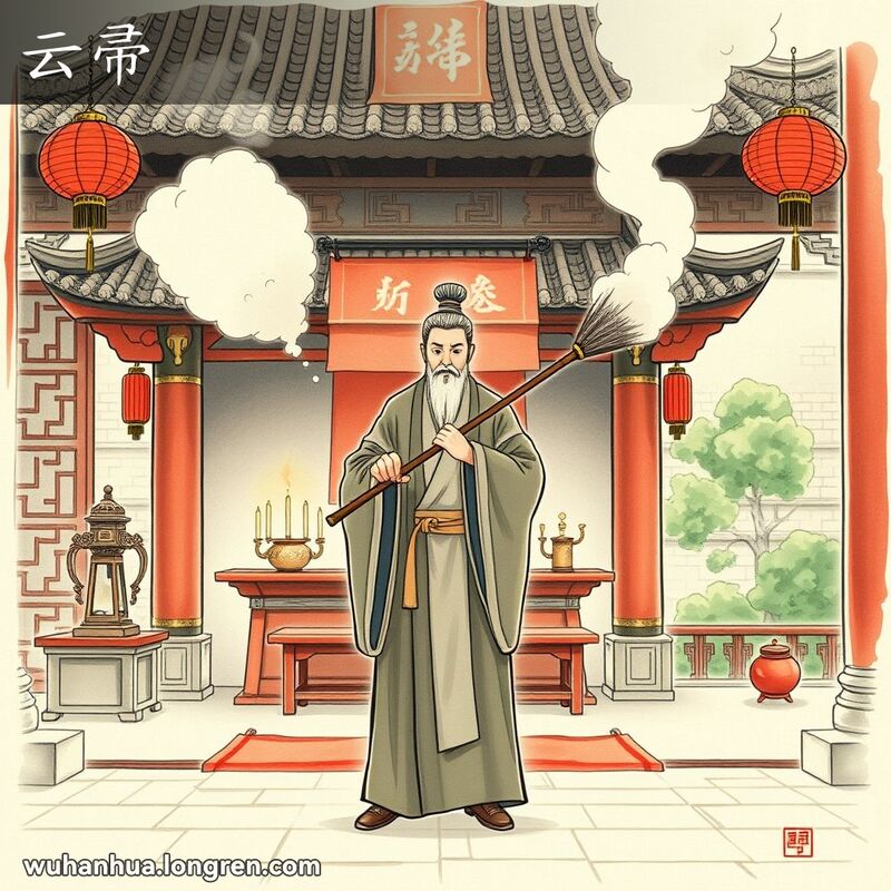 一位道士在寺庙中用云帚清除灰尘和蚊蝇，背景是古老的祭坛和庭院。