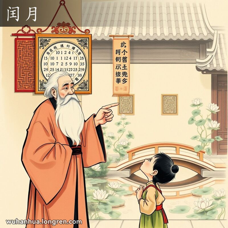 一位智慧的老人在向一个好奇的孩子解释农历闰月的概念，背景是一个宁静的中国庭院