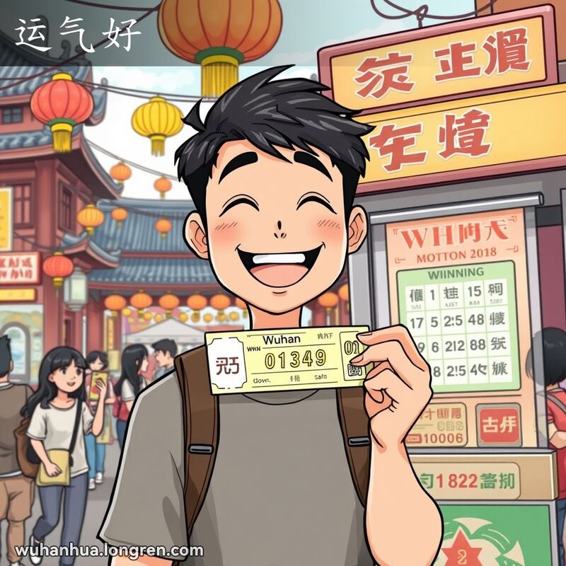 一位年轻的武汉男子站在彩票摊前，手持中奖彩票，脸上露出欣喜的笑容，背景是繁忙的武汉街道
