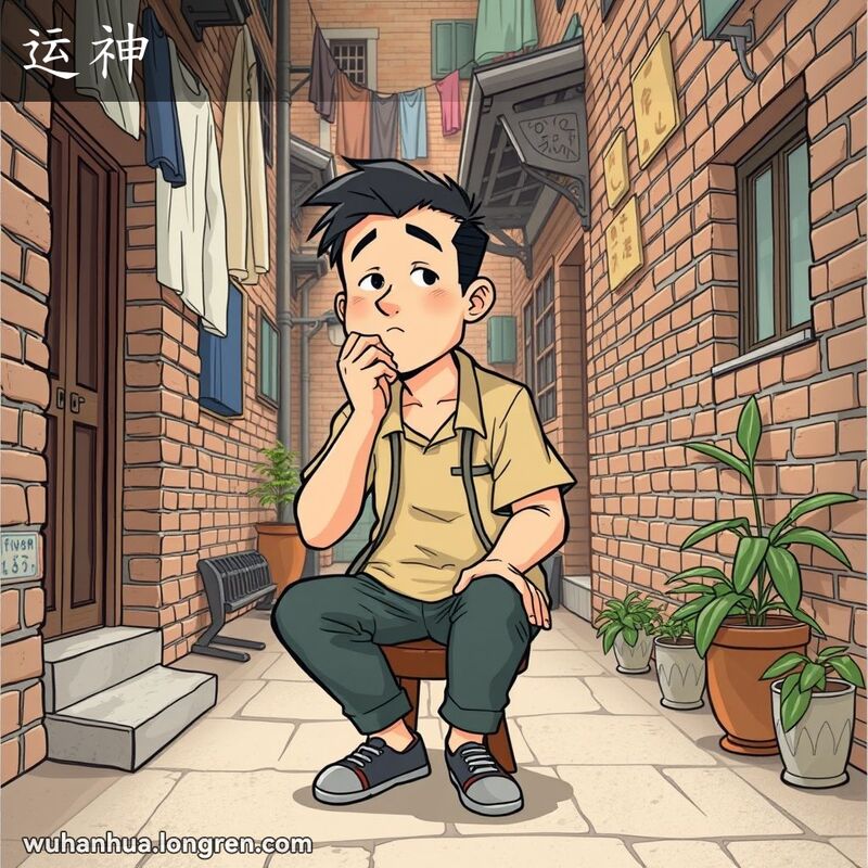 一位武汉男子坐在老街巷的小凳子上，手托下巴，深思熟虑的表情，背景是武汉老街景