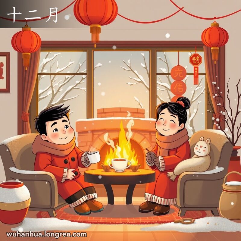 武汉家庭在十二月围坐壁炉旁，房间装饰着新年装饰，窗外飘雪，预示春节到来