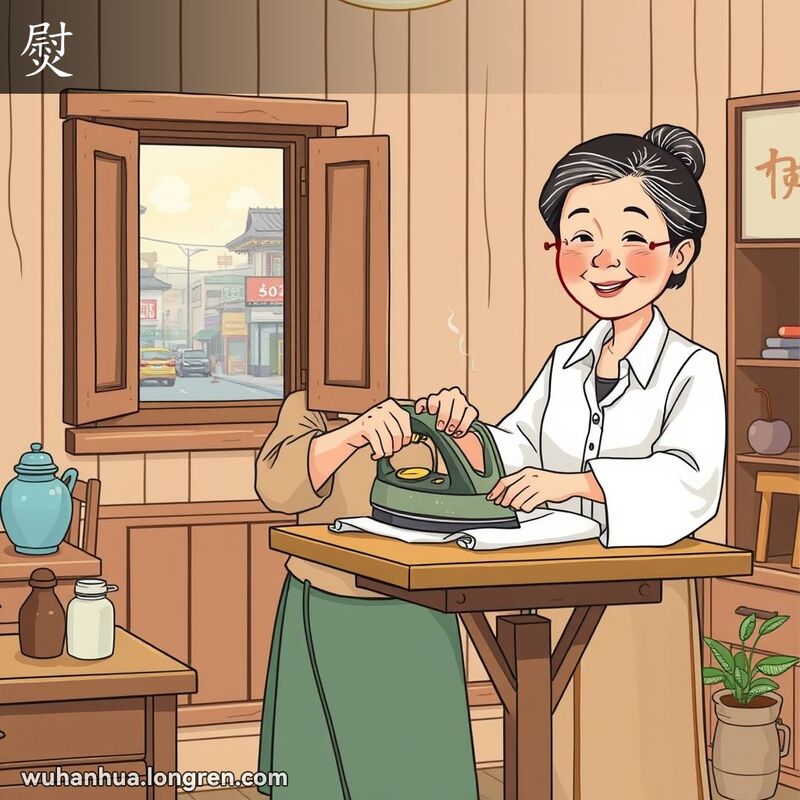 一位中年妇女在家中用熨斗熨烫白衬衫，背景是武汉街道的景象