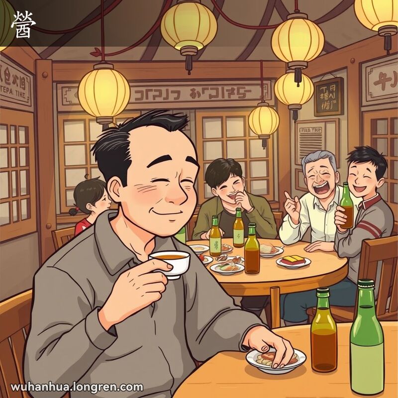 一位中年男子在茶馆品茶，背景中朋友们围坐喝酒聊天，展现“醟”的场景