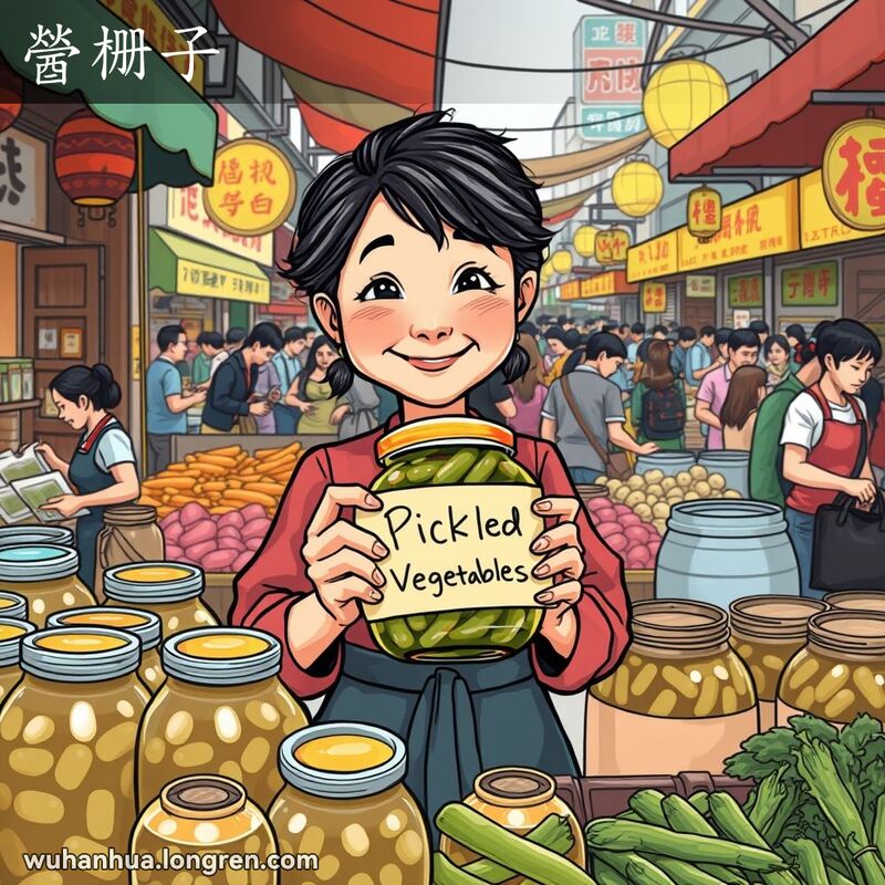 武汉市场中的泡菜摊位，妇女手持泡菜罐子，背景是热闹的市场景象