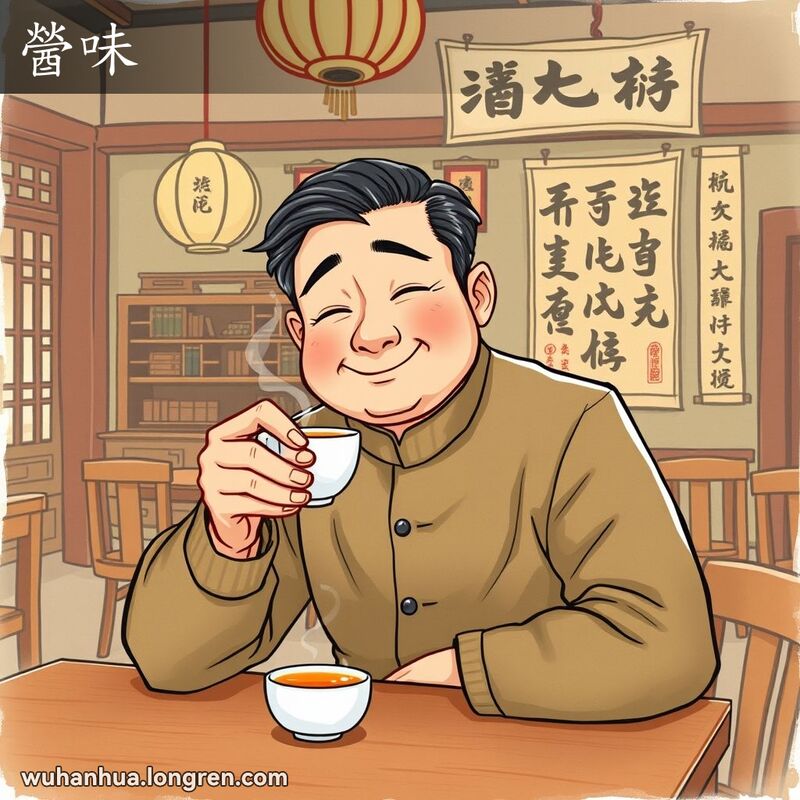 一位中年男子在茶馆品茶，闭眼享受茶的味道，背景是传统中国装饰