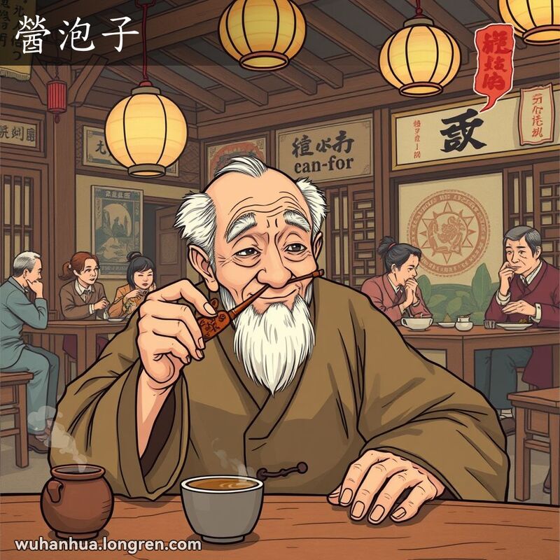 一位老人在武汉茶馆品尝鸦片烟泡儿，脸上露出满足的表情，背景是其他顾客在享受茶和小吃