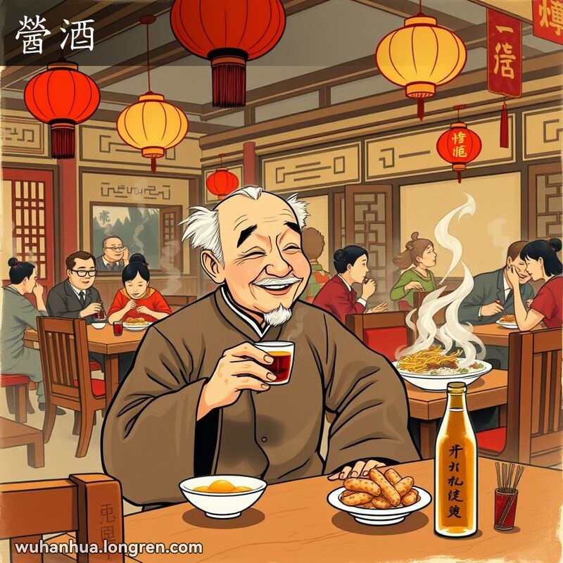 一位武汉老人在传统餐馆中闭目品尝米酒，背景是温馨的餐馆环境