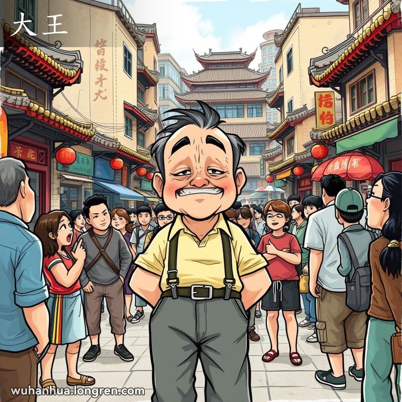 一位中年男子在武汉街头与人争吵，表情得意，背景是传统建筑和街头小贩