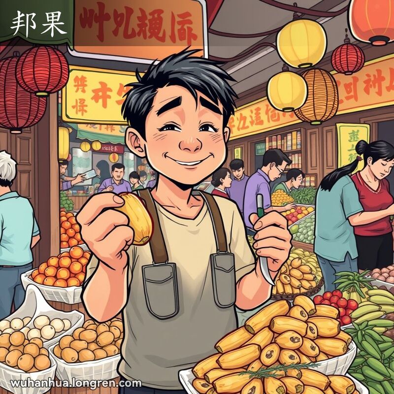 武汉街市摊位展示槟榔，市民手持槟榔和小刀，背景有其他水果和蔬菜摊位
