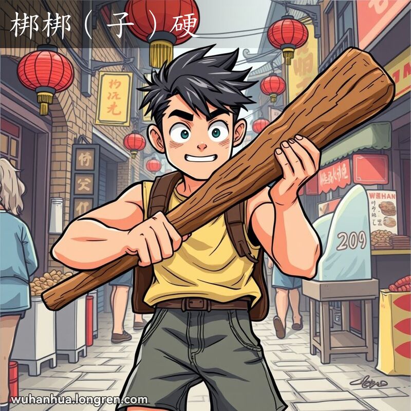 一位武汉年轻人在市场中手持木棍，试图折断，展现“梆梆（子）硬”的坚定表情，背景是武汉老街景